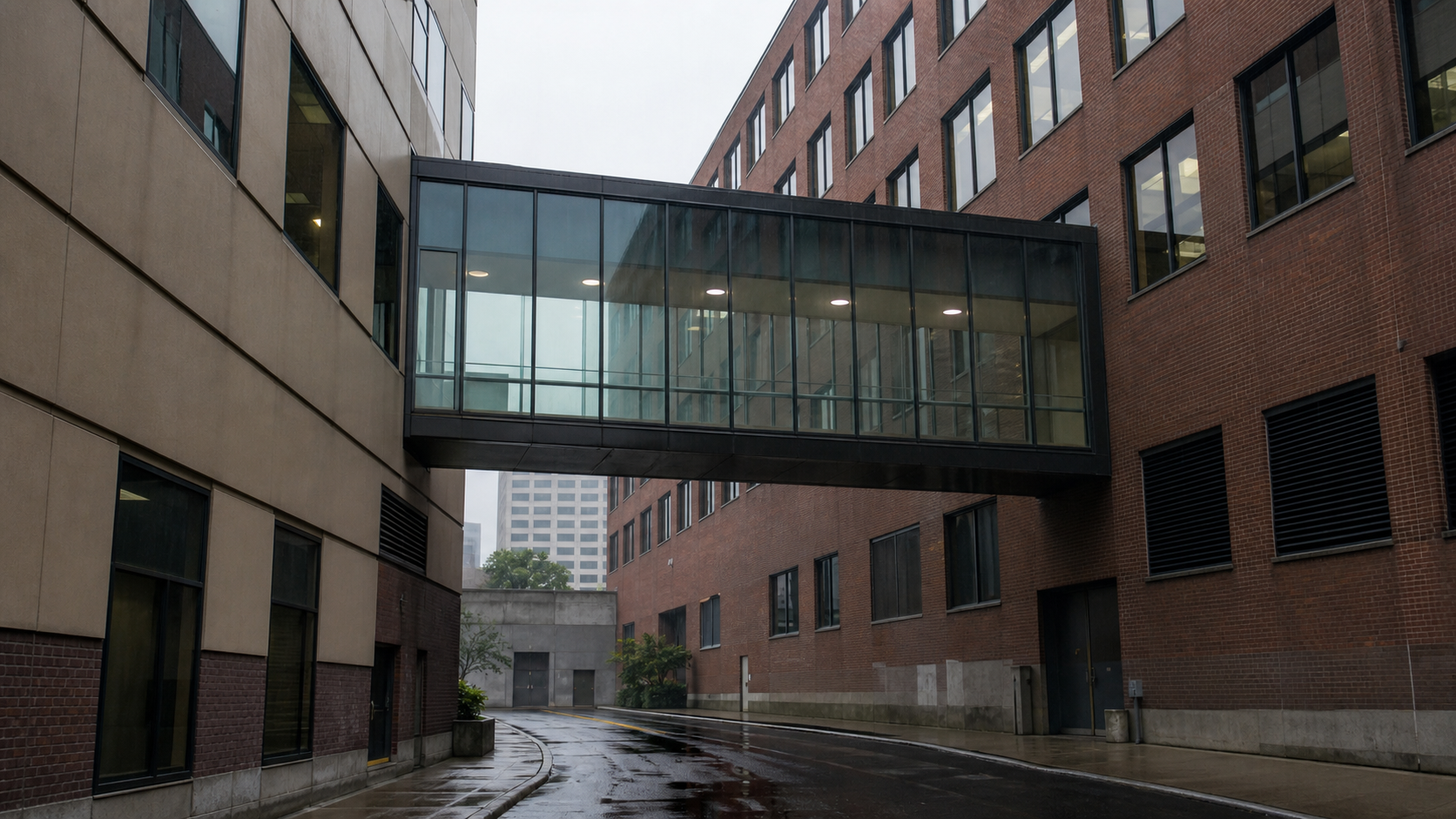 A glass pedestrian bridge links two office buildings above a rain-wet service lane.