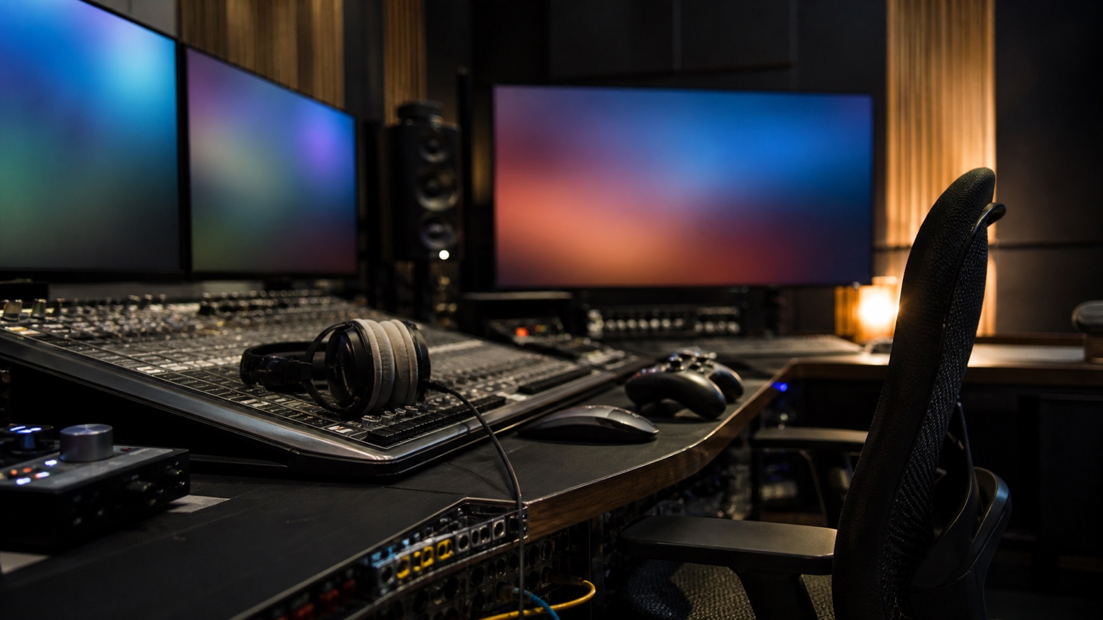 Unbranded game audio and live-operations room with headphones, a sound console and abstract monitors.