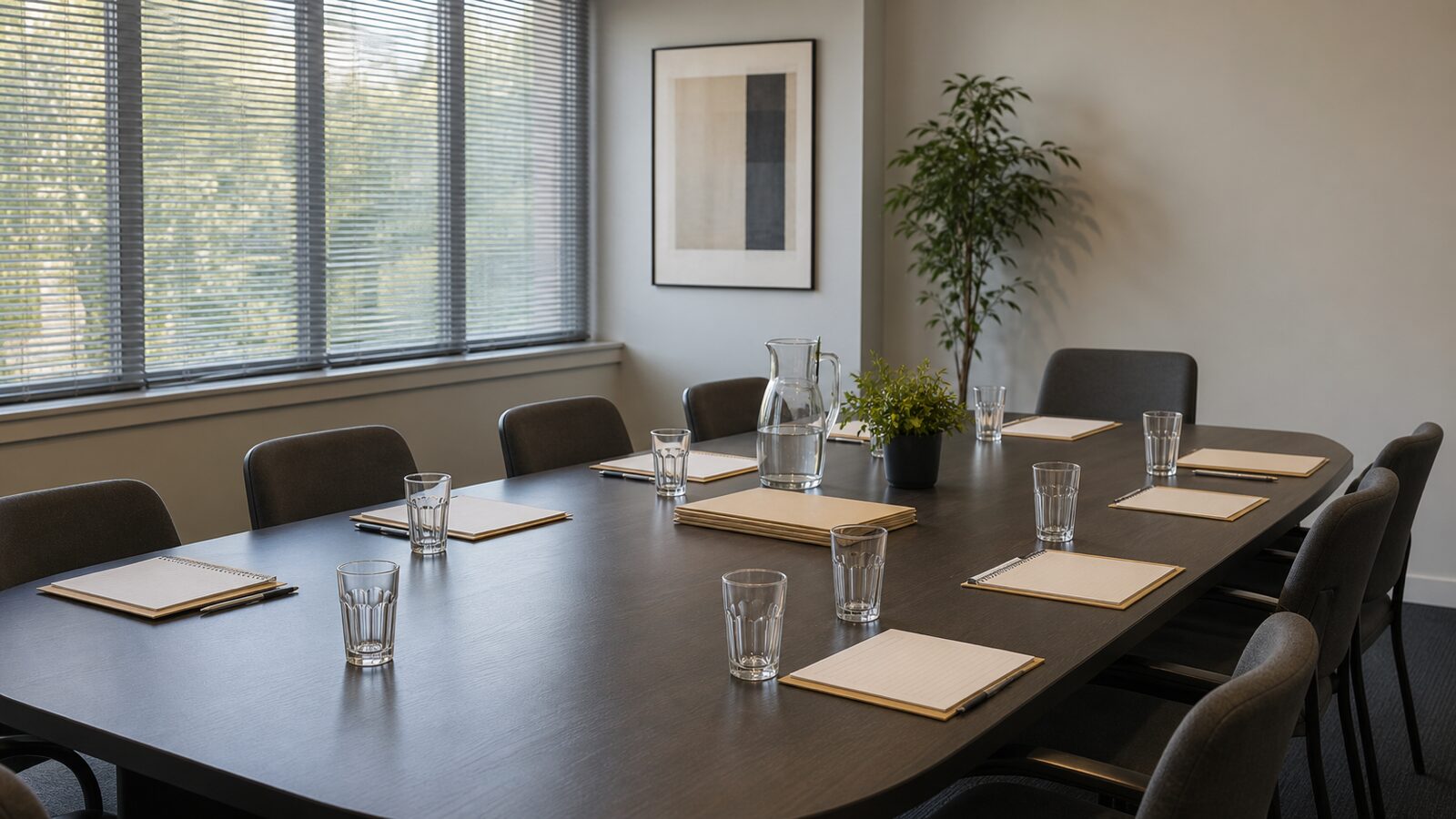 Empty meeting room with blank notepads, water glasses and neutral folders on a conference table