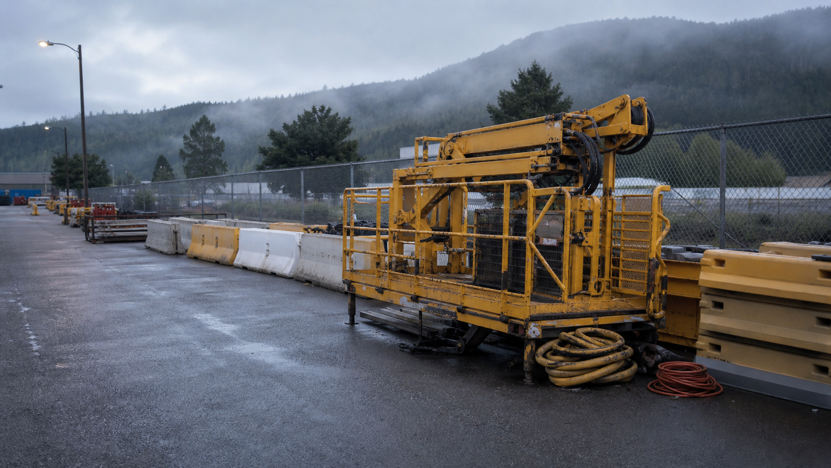 A folded unbranded bridge-inspection platform and safety barriers wait in a damp regional maintenance yard.
