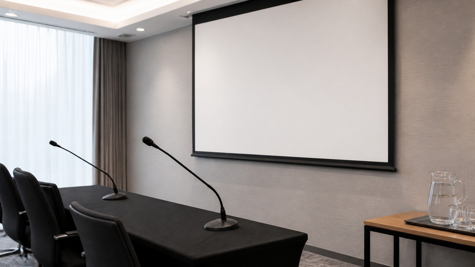 Blank projection screen and microphones in an empty investor-relations meeting room.