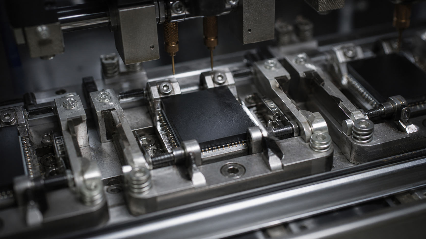 Unbranded high-bandwidth memory packages sit in a precision thermal test tray.