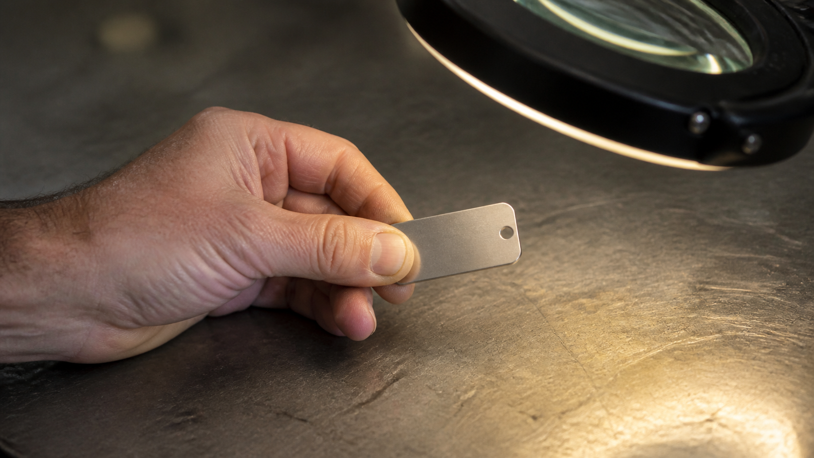 One hand inspects a blank metal tag beneath a magnifying lamp on a scratched work counter.