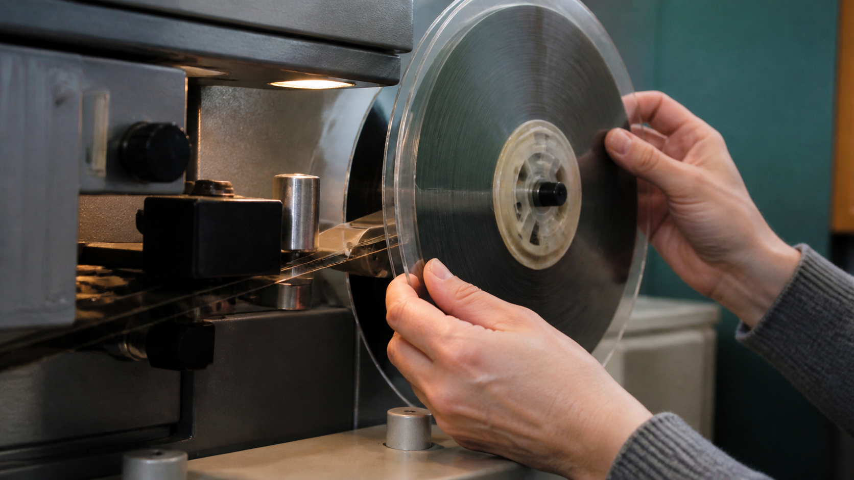 An archivist loads a translucent microfilm reel into a reading machine.