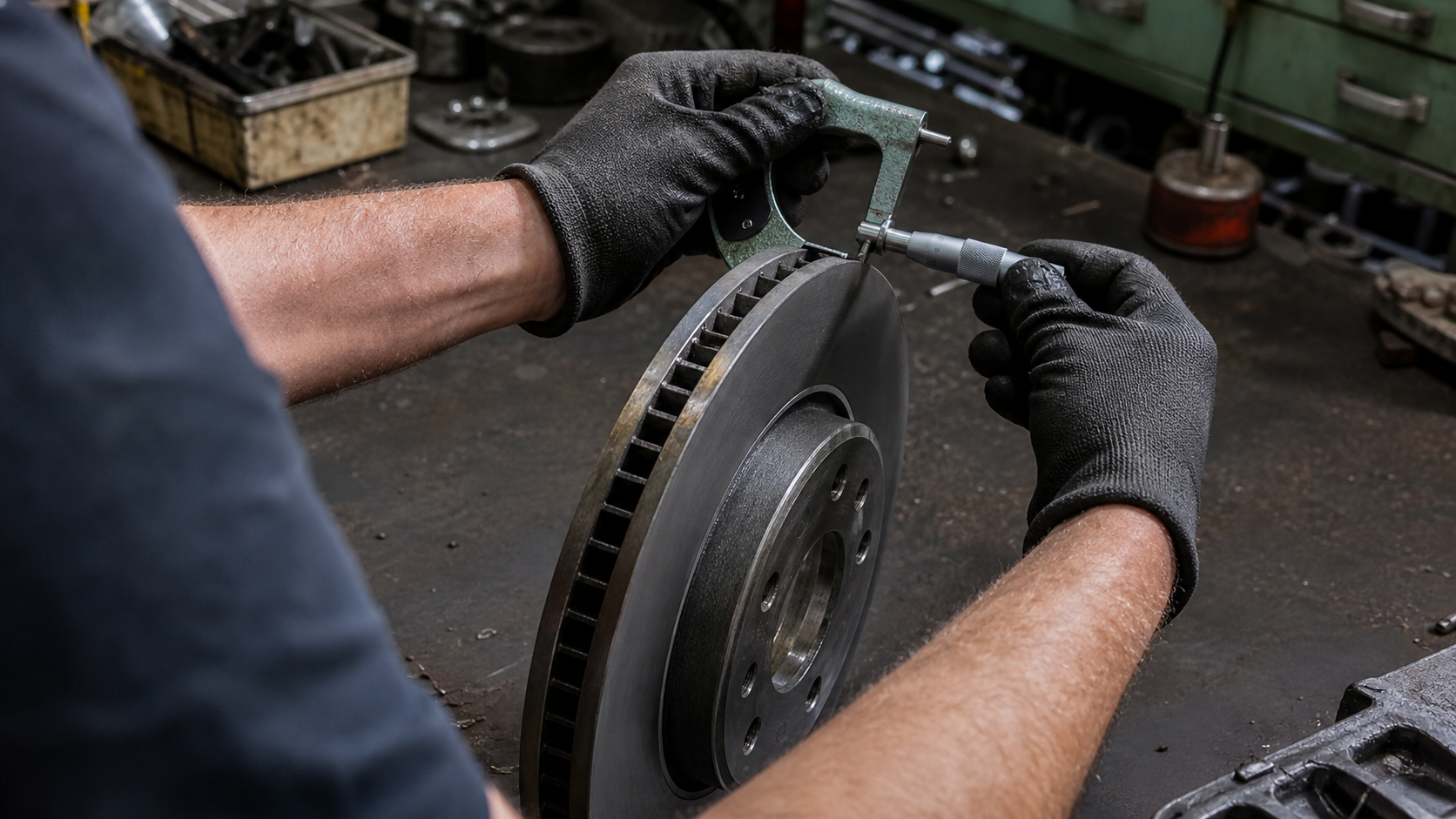 A technician uses an analog micrometer to check an unbranded ventilated brake rotor.
