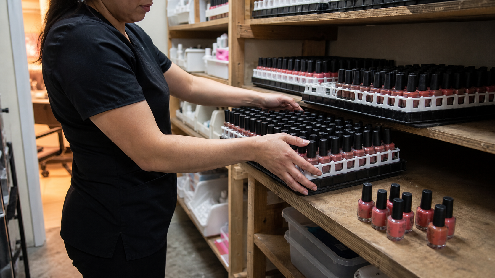A worker arranges full trays and loose unbranded nail-polish bottles on stockroom shelves.