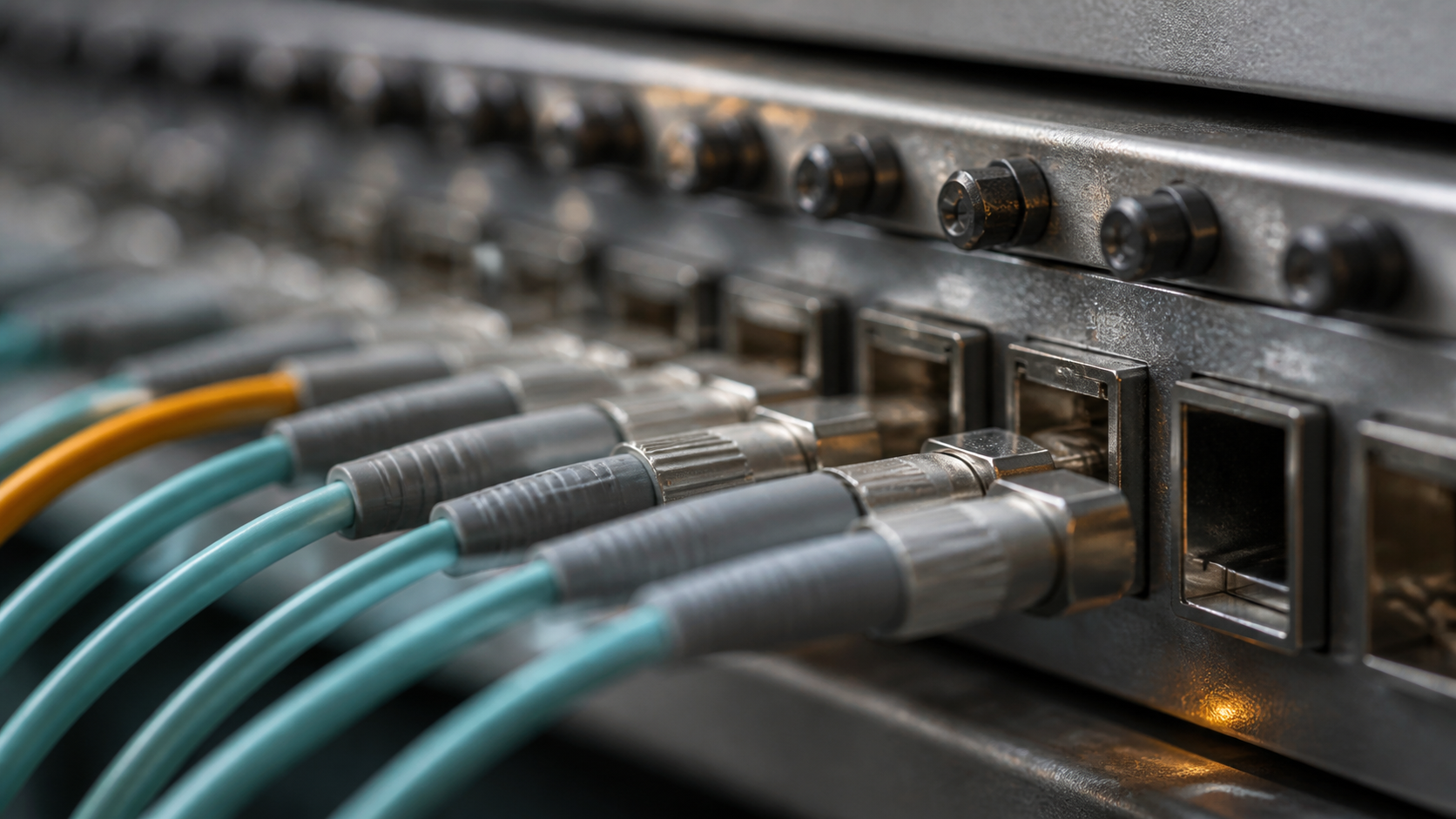 Fiber jumpers connect to an unbranded optical distribution frame beside one vacant port.