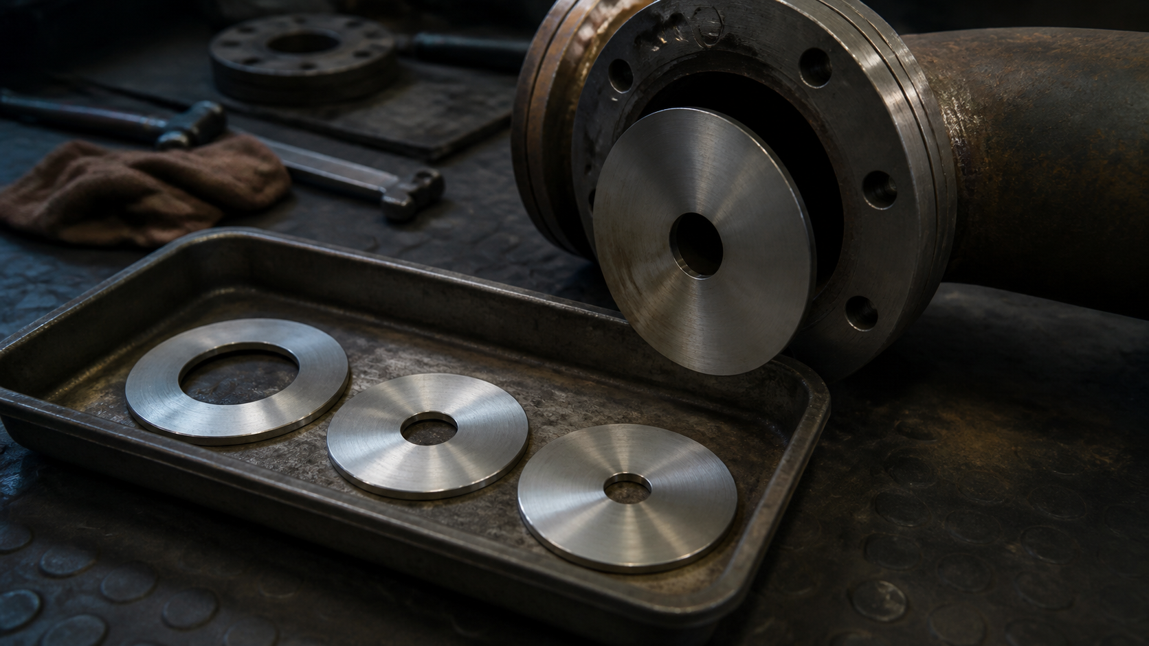 Three unmarked steel aperture plates sit beside an open pipe flange.