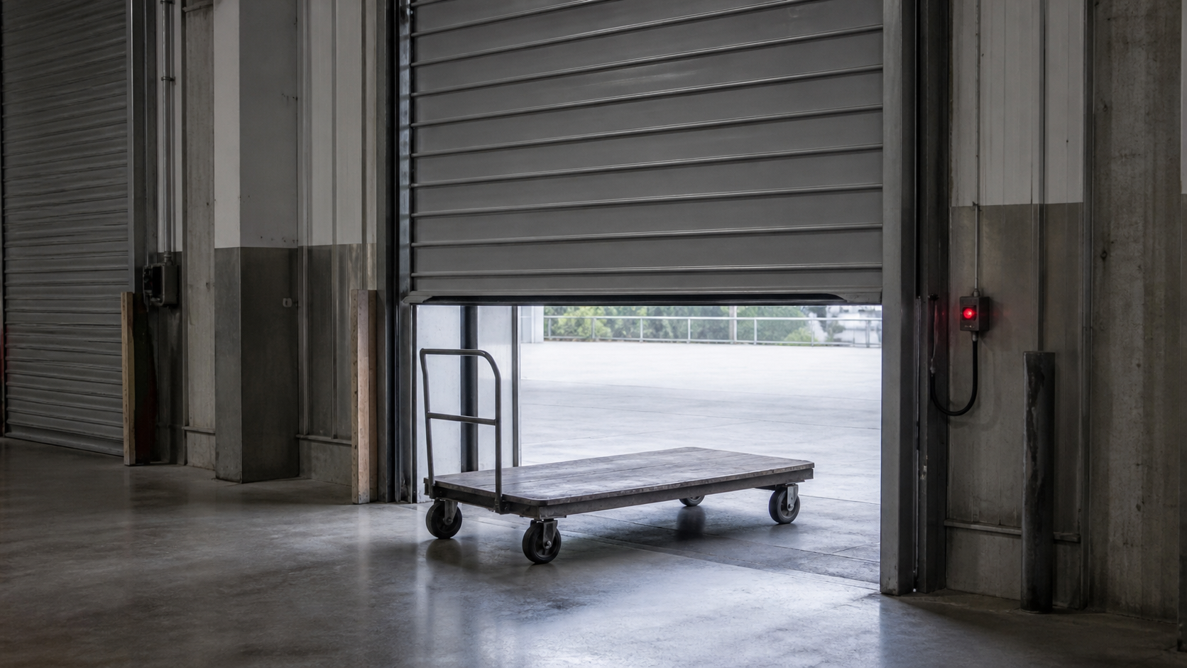 Plain warehouse door paused above an empty pallet cart beside a small red safety sensor.