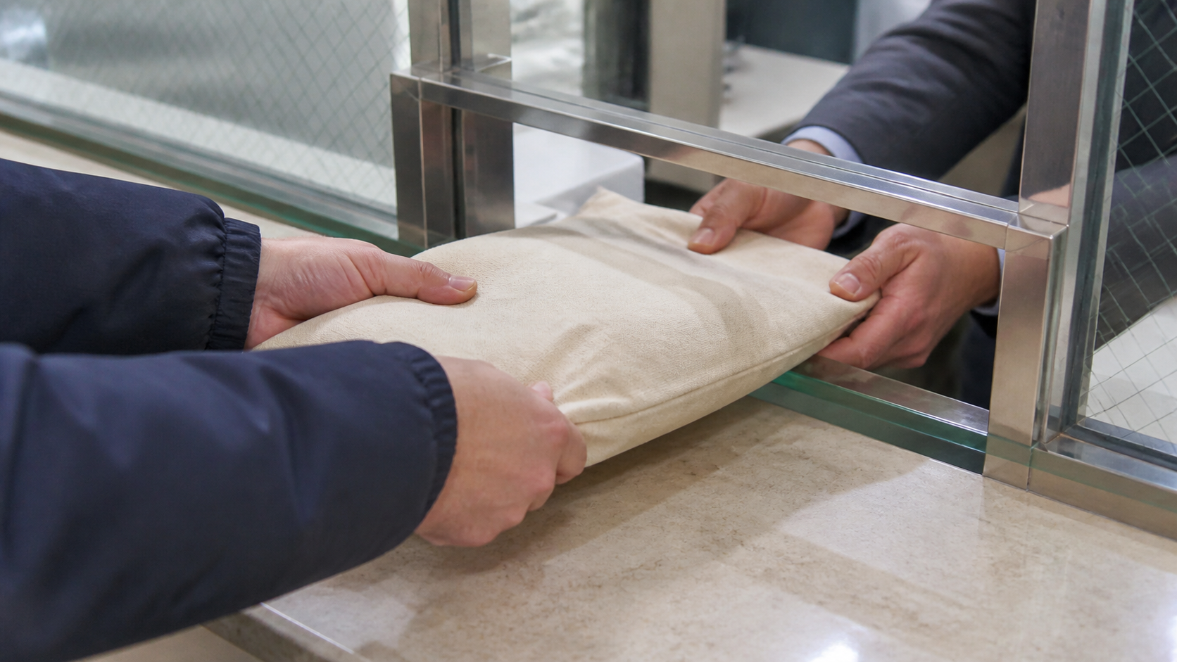 A courier and a bank clerk pass a sealed plain canvas remittance pouch through a secure service hatch.