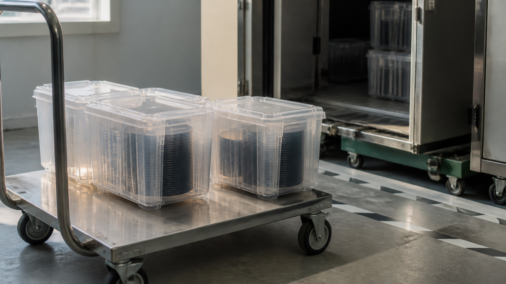 Unbranded wafer containers on a metal cart beside cleanroom transport equipment
