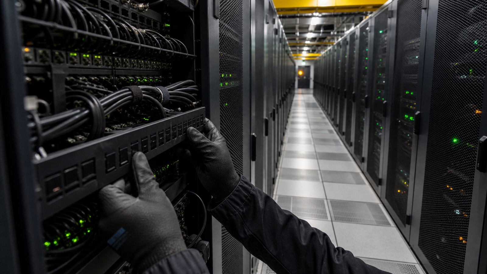 Technician's gloved hands checking cables in an unbranded data center aisle.