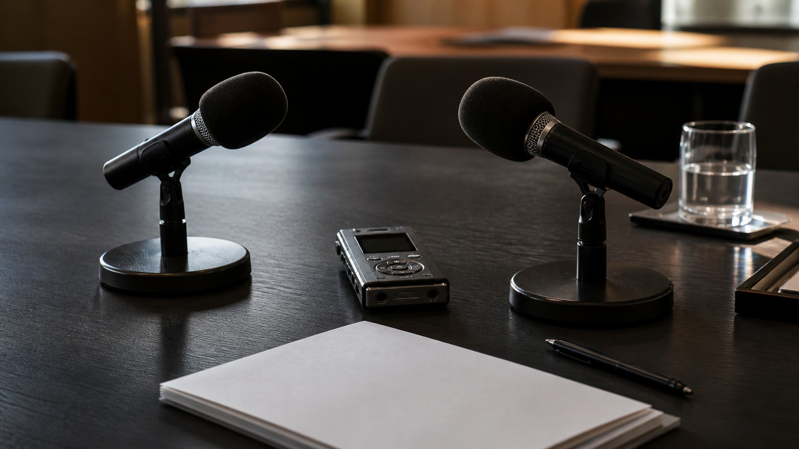 Two microphones, a dark audio recorder and blank notes on a meeting table after a discussion.