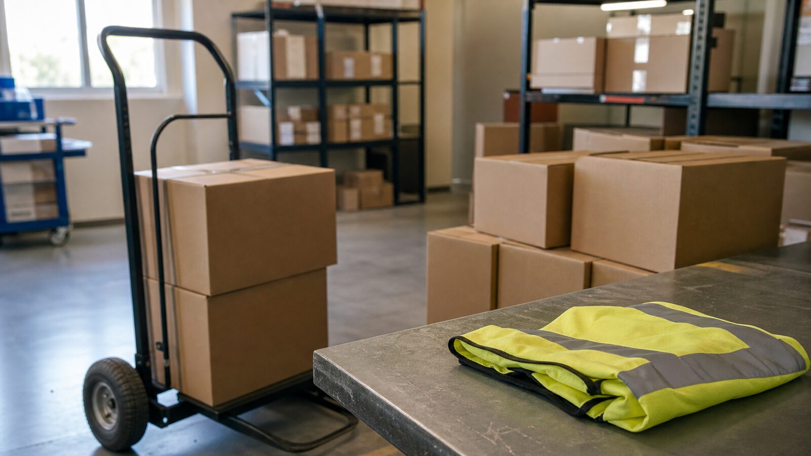 Tidy stockroom with plain boxes, a hand truck and an unbranded folded work vest