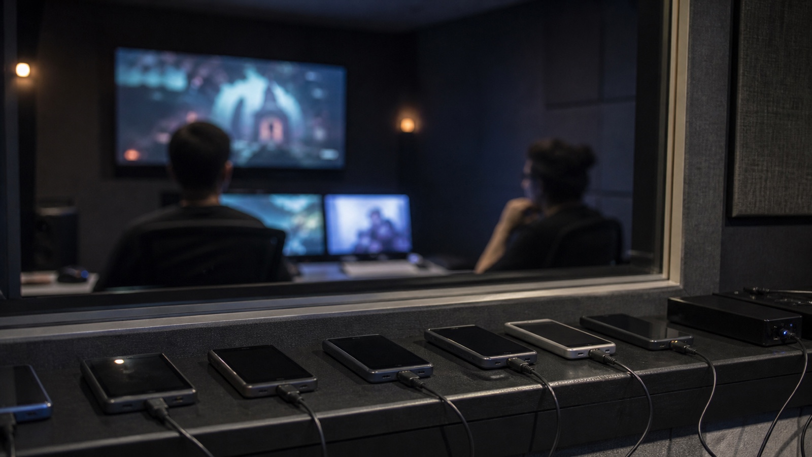 Playtest observation room with unbranded devices on a shelf and blurred monitors behind glass.
