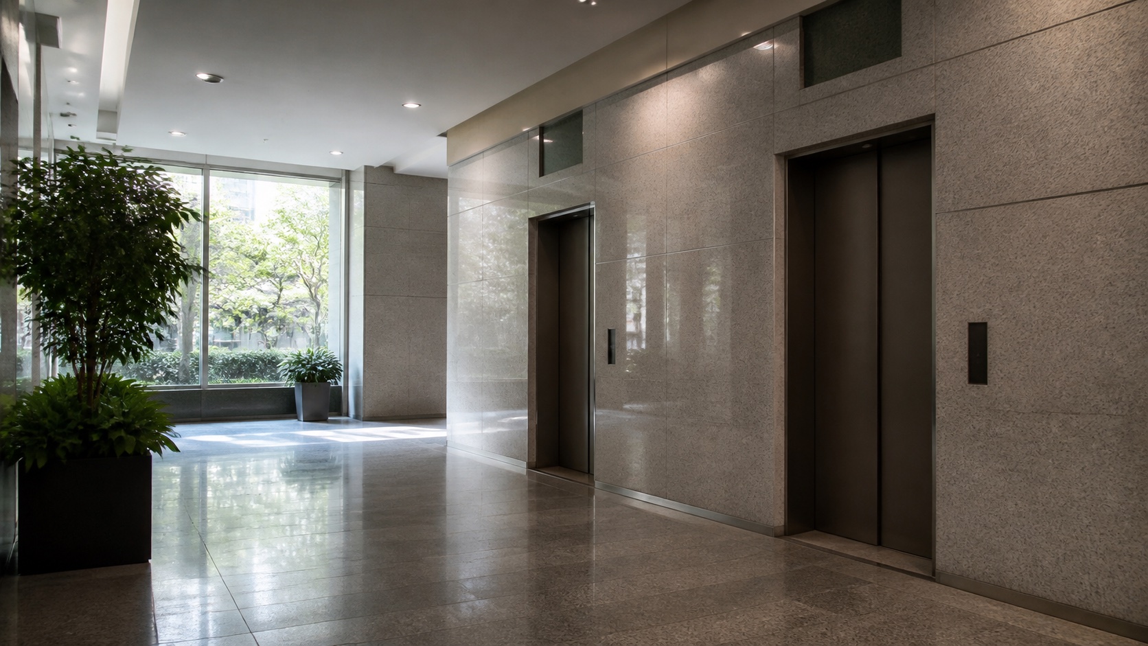 Quiet commercial building lobby with elevator bank and planted daylight