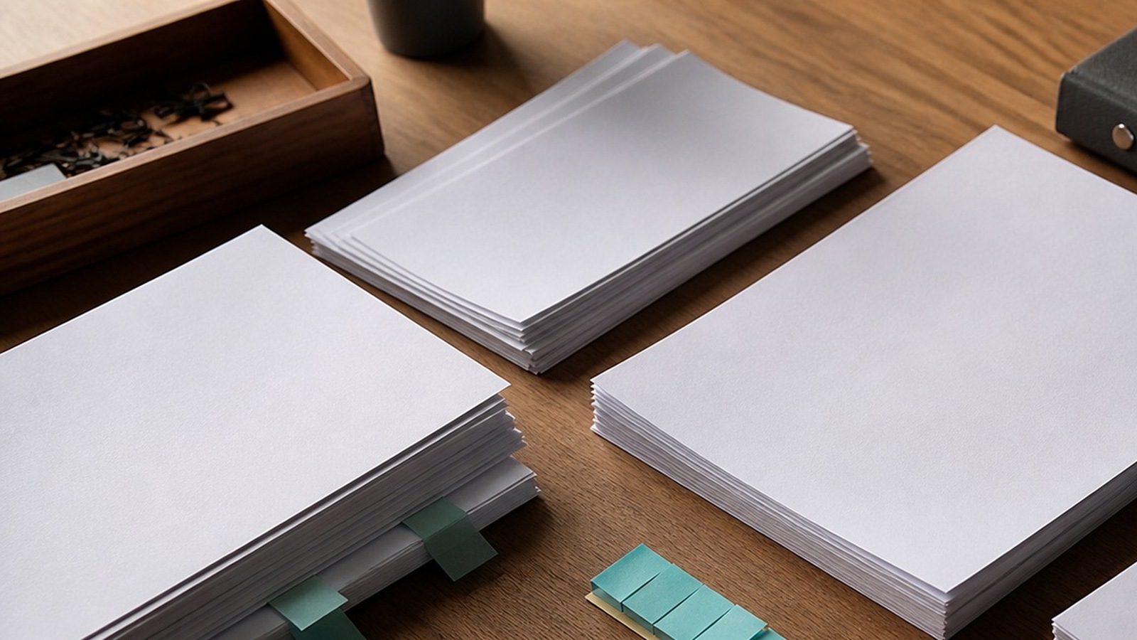 Blank paper stacks and tabs arranged on a wooden research desk.