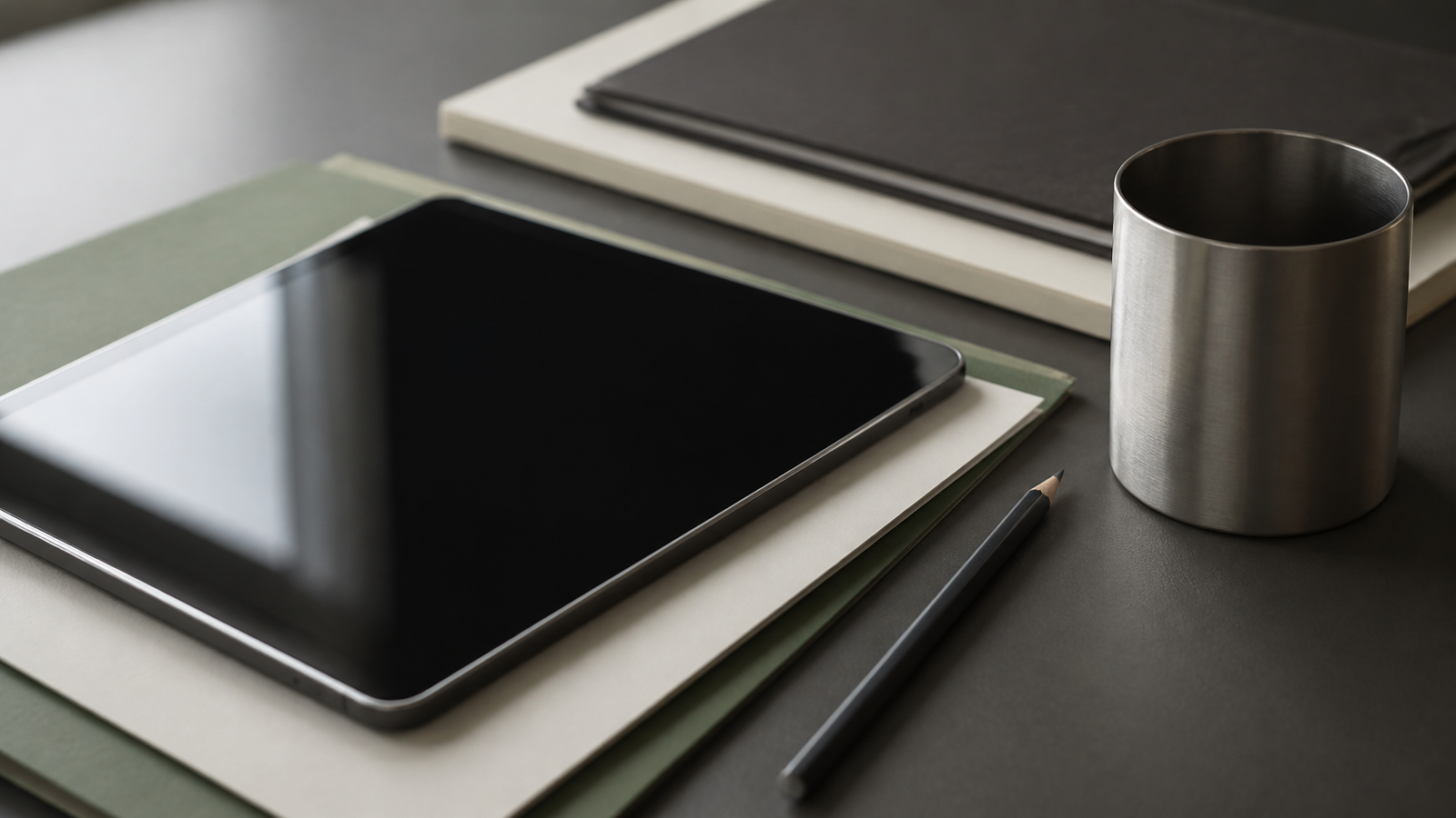 Blank tablet, folders, pencil and metal cylinder arranged on an energy-sector research desk.