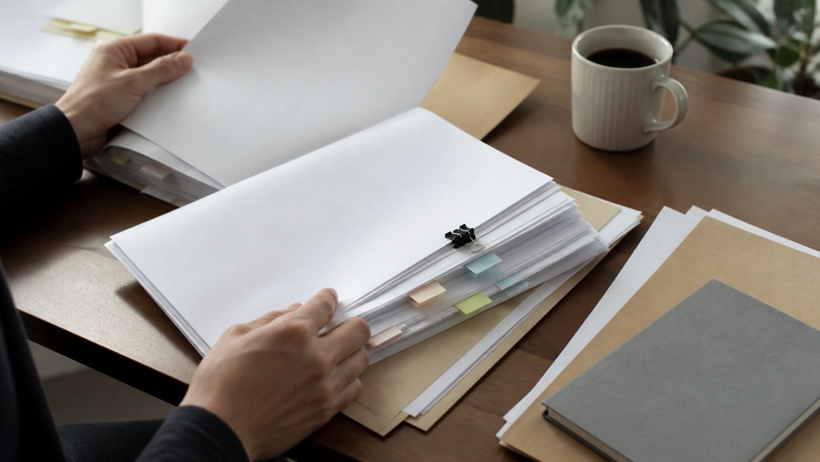 Hands sorting blank filing papers, neutral folders, sticky tabs and a coffee cup on a wooden office table