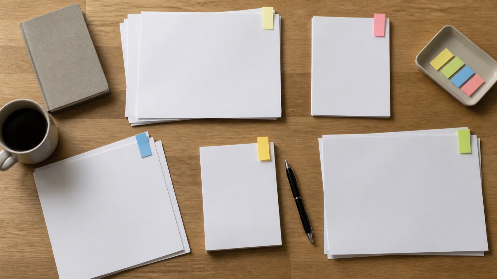 Blank paper piles and colored tabs arranged on a desk for governance evidence review