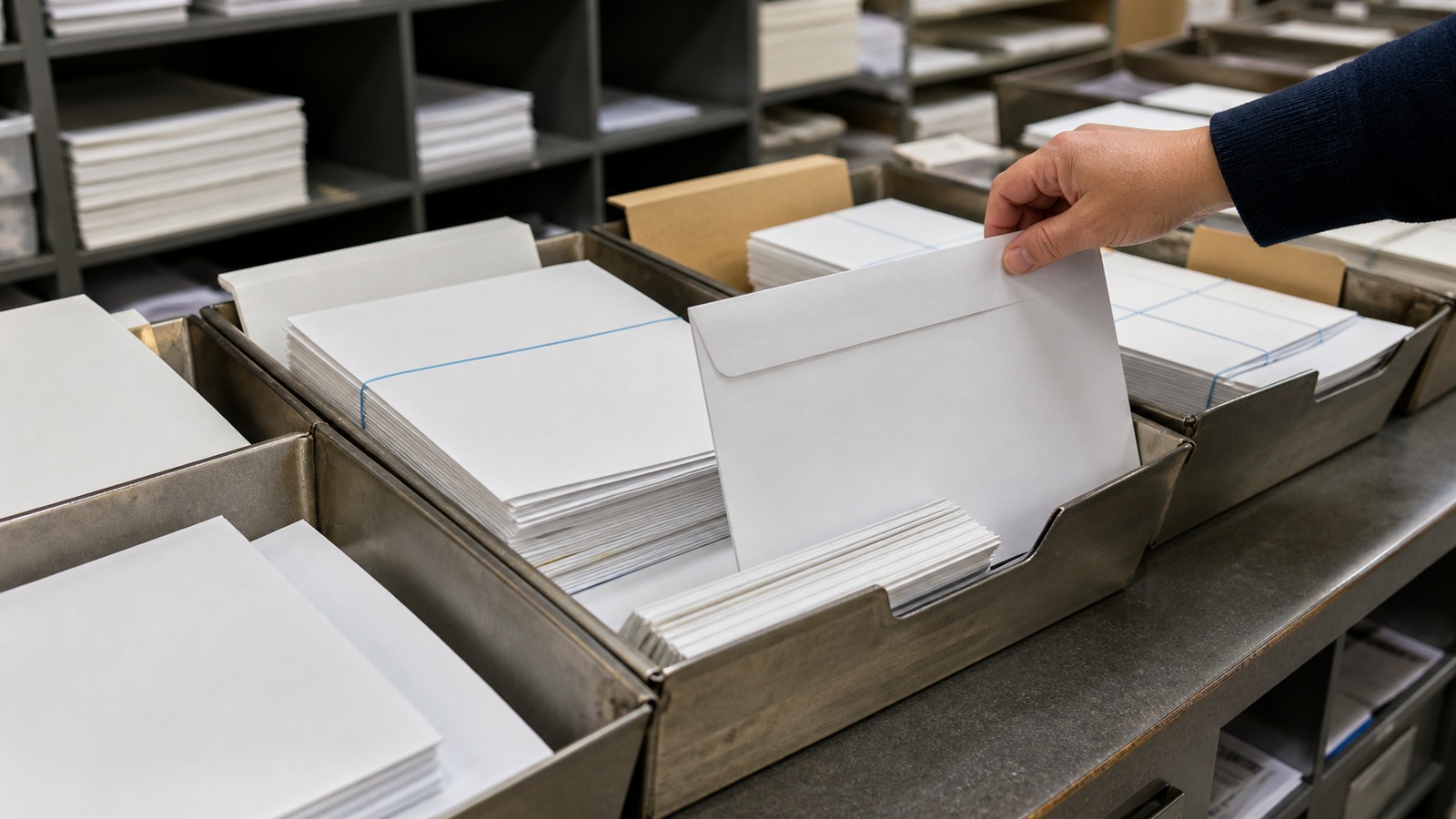 Blank shareholder-meeting notice packets sorted in unbranded mailroom trays.