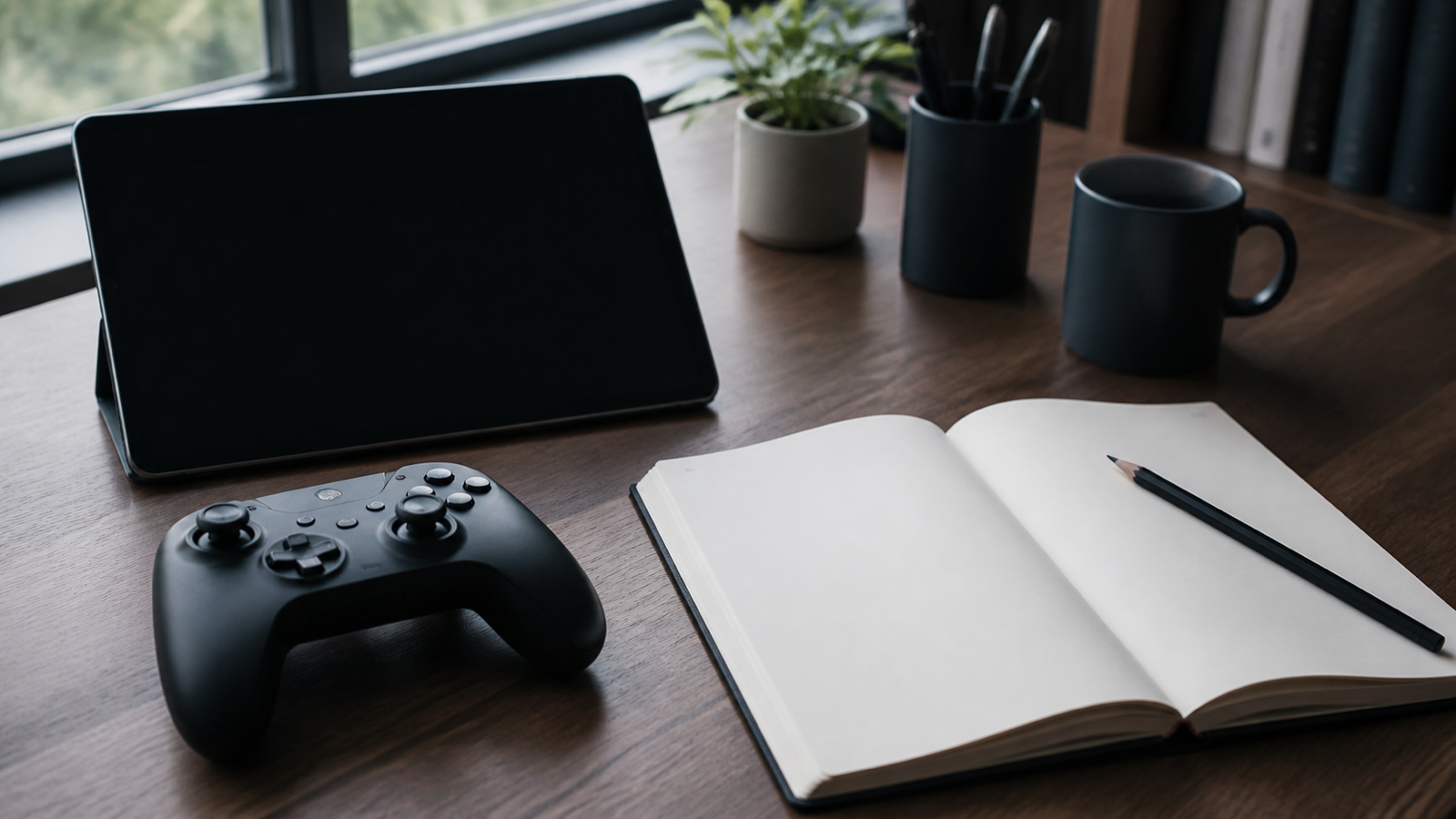 A blank notebook, tablet and unbranded game controller sit on a wooden desk near a window.