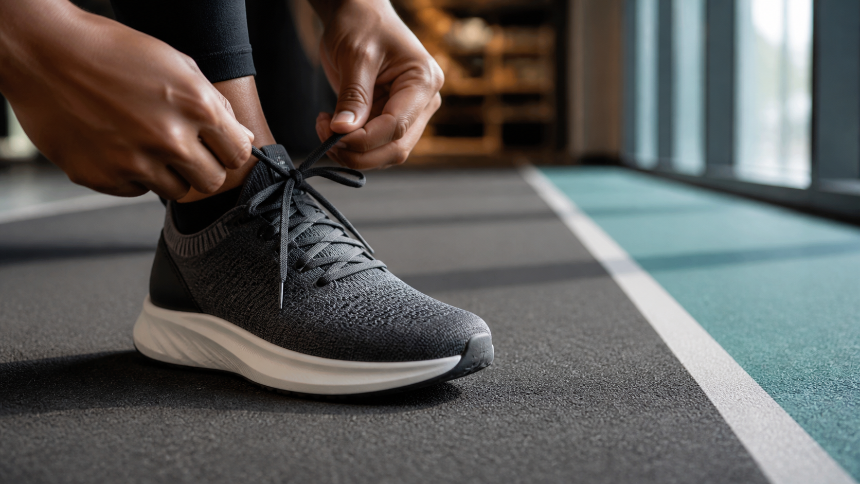 Hands tying the laces of an unbranded running shoe beside an indoor test lane.