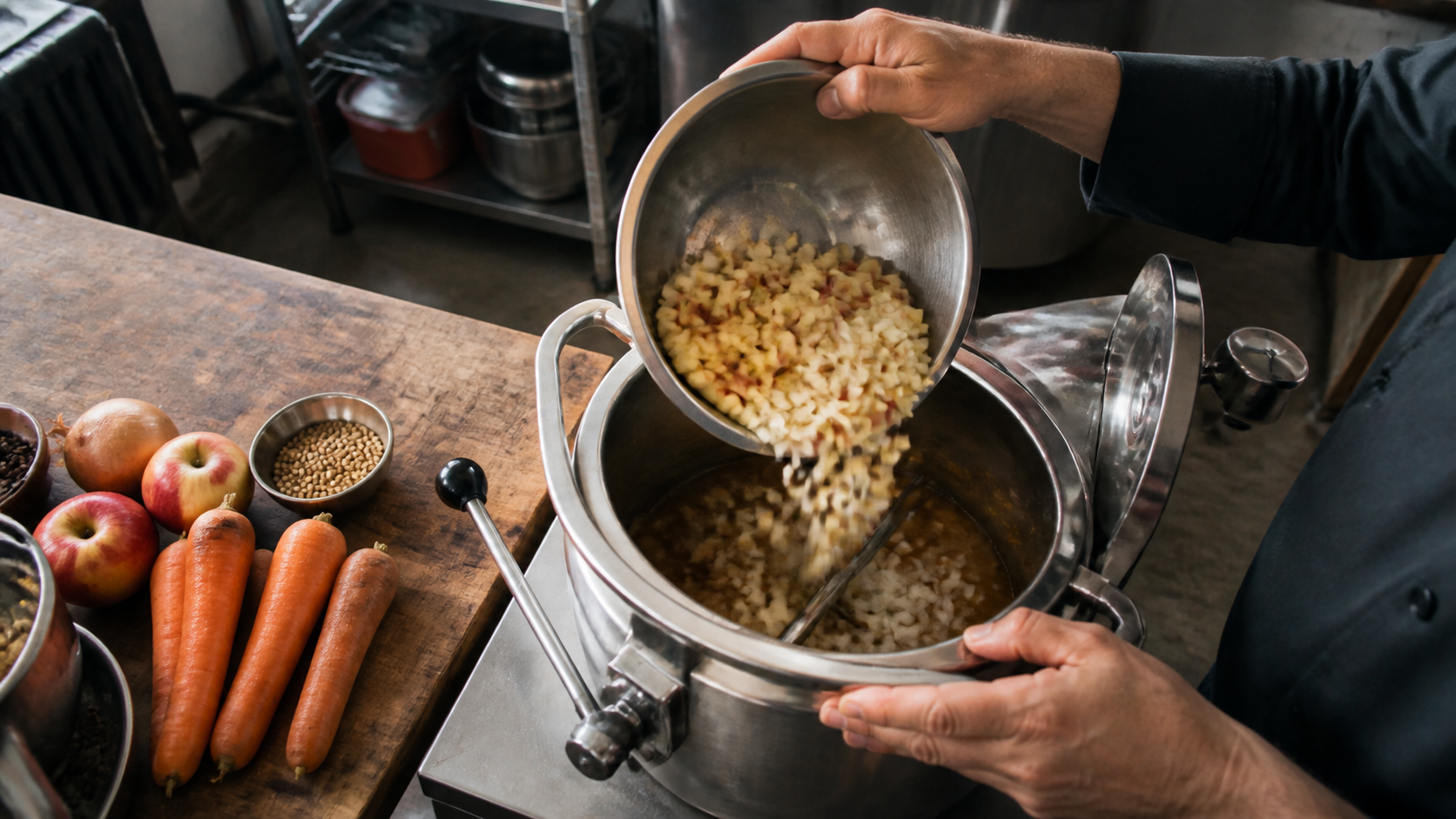 Technician tips diced apples and onions into a small stainless batch kettle beside vegetables and spices.
