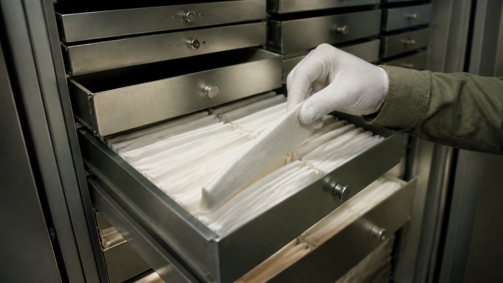 Unlabeled metal trays and a gloved hand inside a quiet securities operations vault.
