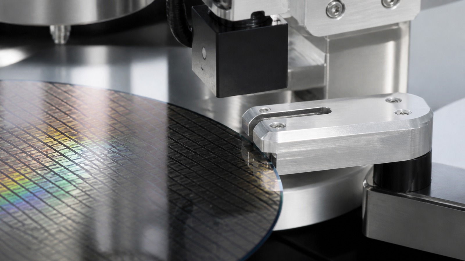 Close-up of a silicon wafer edge held in a clean inspection tool with no readable labels.