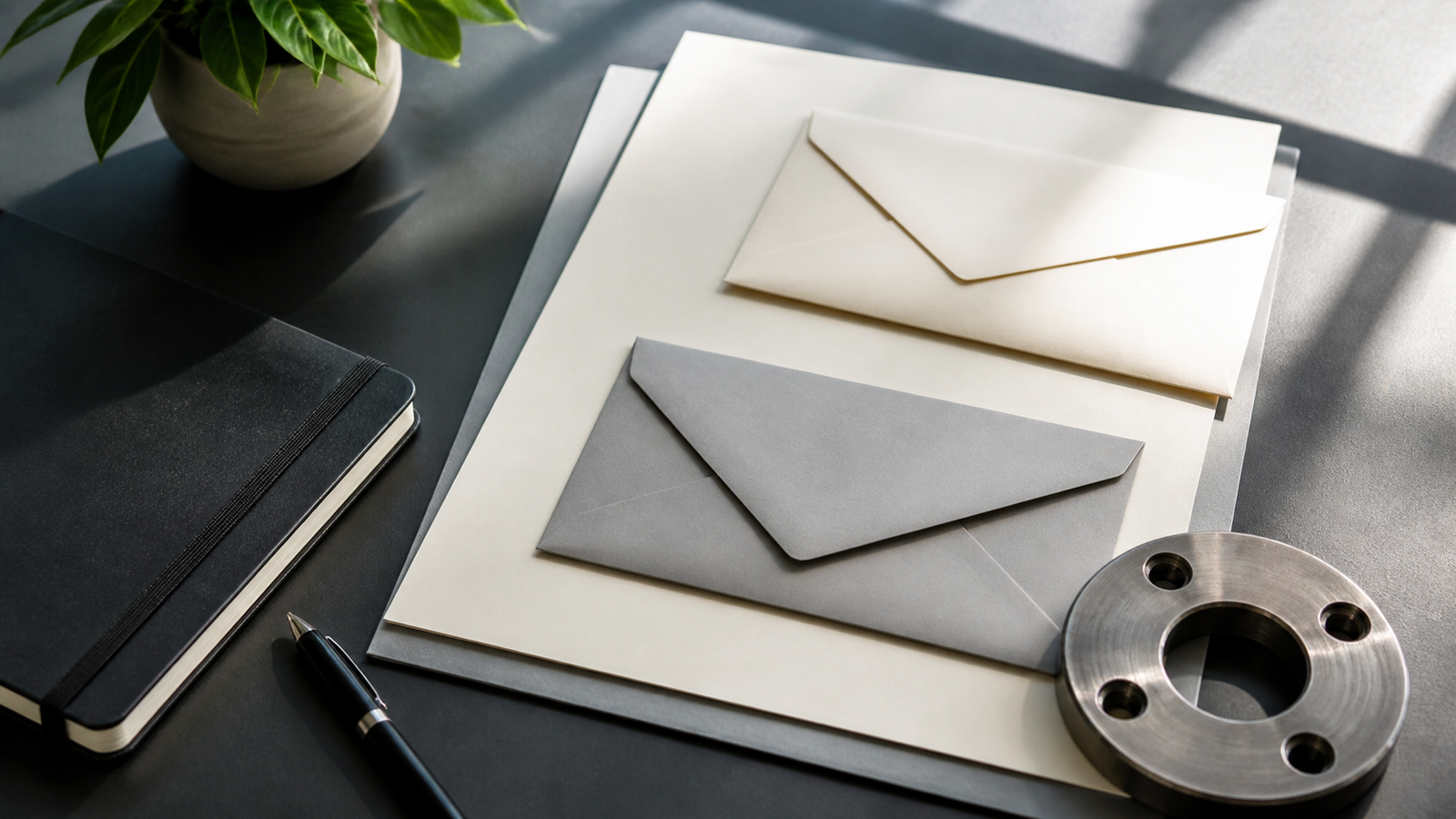 Plain envelopes, folders and a steel flange on a corporate capital-return desk.