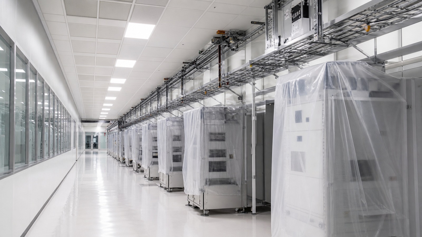 Quiet cleanroom corridor with covered semiconductor equipment and no company signage.