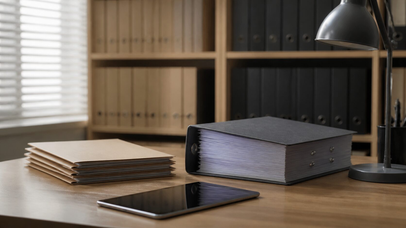 A thick unmarked binder beside a smaller stack of plain folders and a dark tablet in a quiet archive office