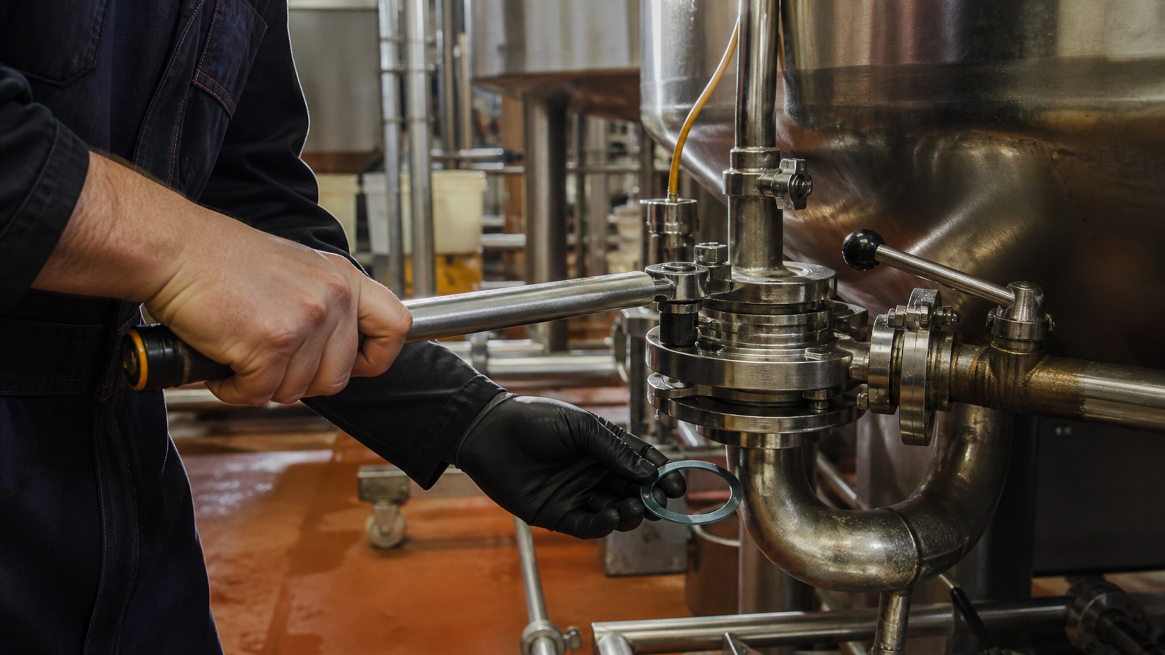 Maintenance hands use a torque wrench on a stainless food-processing valve while holding a replacement gasket.