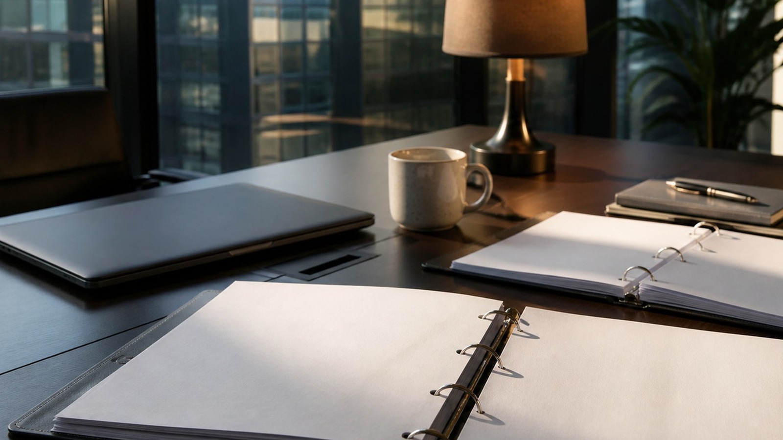 Open binders with blank pages on a quiet conference table.