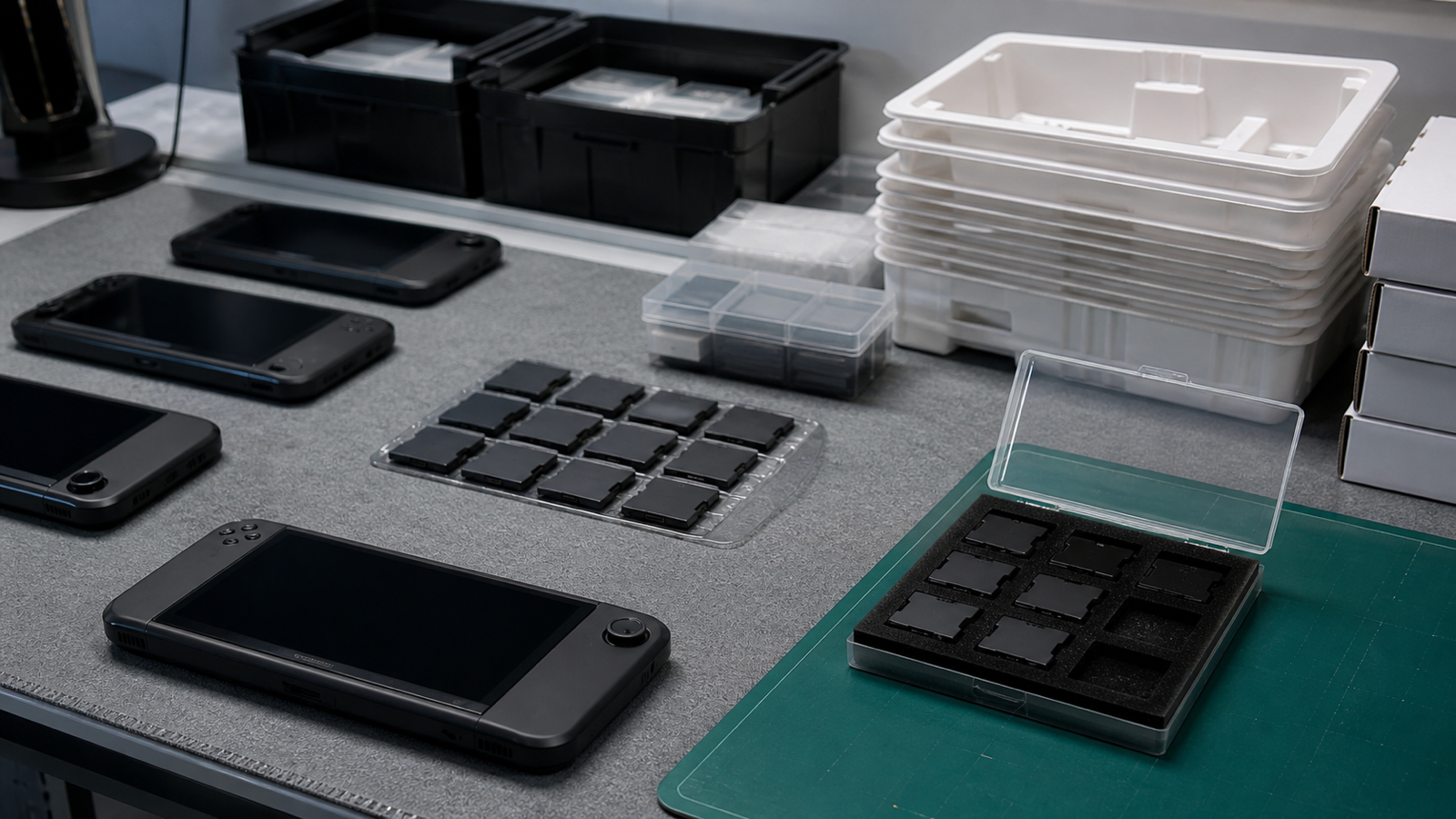 Unbranded handheld game devices and small cartridge-like components are arranged on a workshop bench.