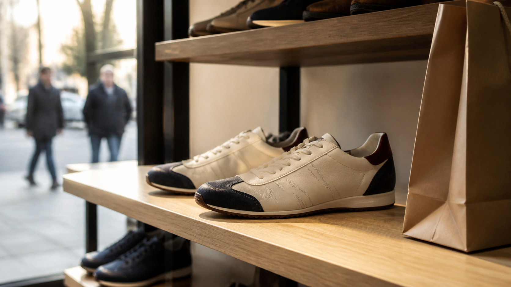 Unbranded lifestyle sneakers on a boutique retail shelf with a plain shopping bag nearby.