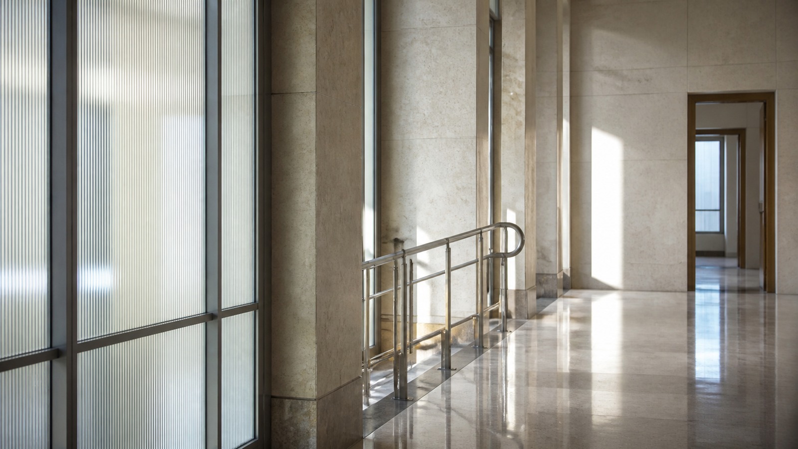 Neutral government-building corridor detail with daylight and no visible signage.