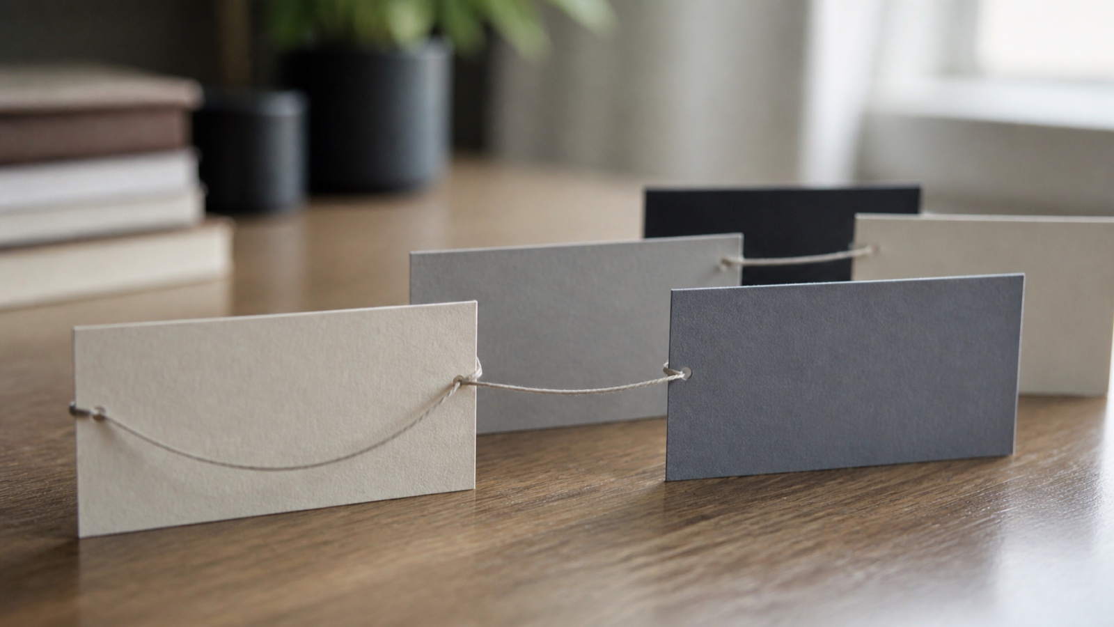 Unmarked paper cards connected by thread as a physical still life for ownership relationships