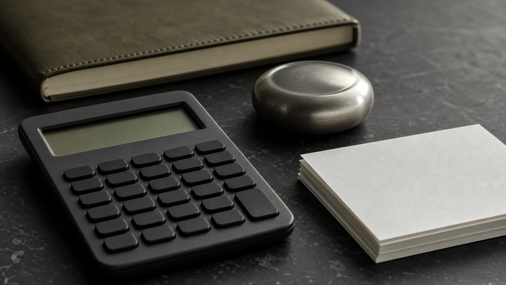 An unbranded calculator with a blank display beside plain paper, a metal paperweight and a closed notebook
