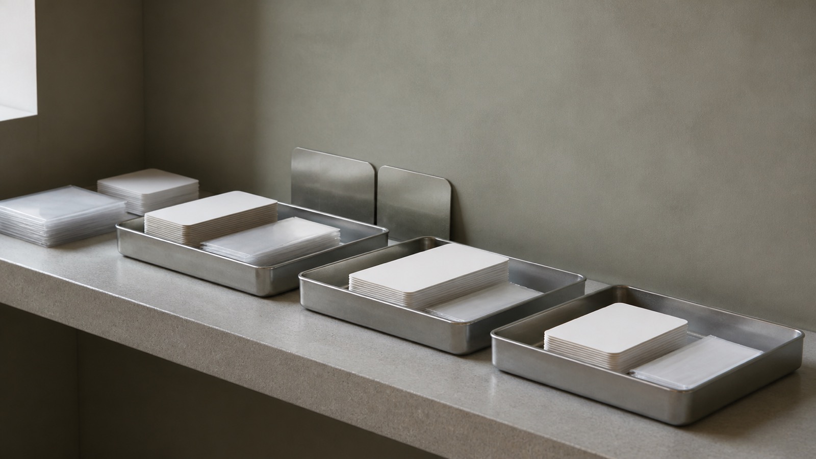 Unbranded sorting counter with blank cards and sealed storage sleeves under neutral daylight.