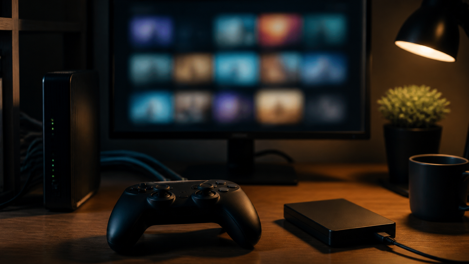 A game controller sits in front of a blurred digital media screen and a compact black device.