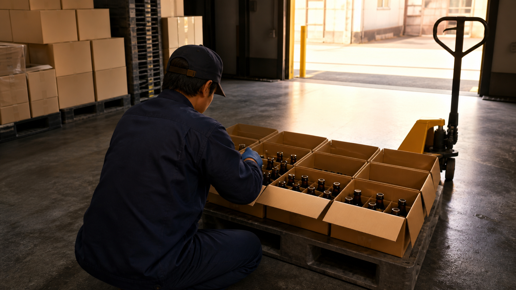 Warehouse worker secures unlabeled amber condiment bottles in partitioned export cartons beside a pallet truck.