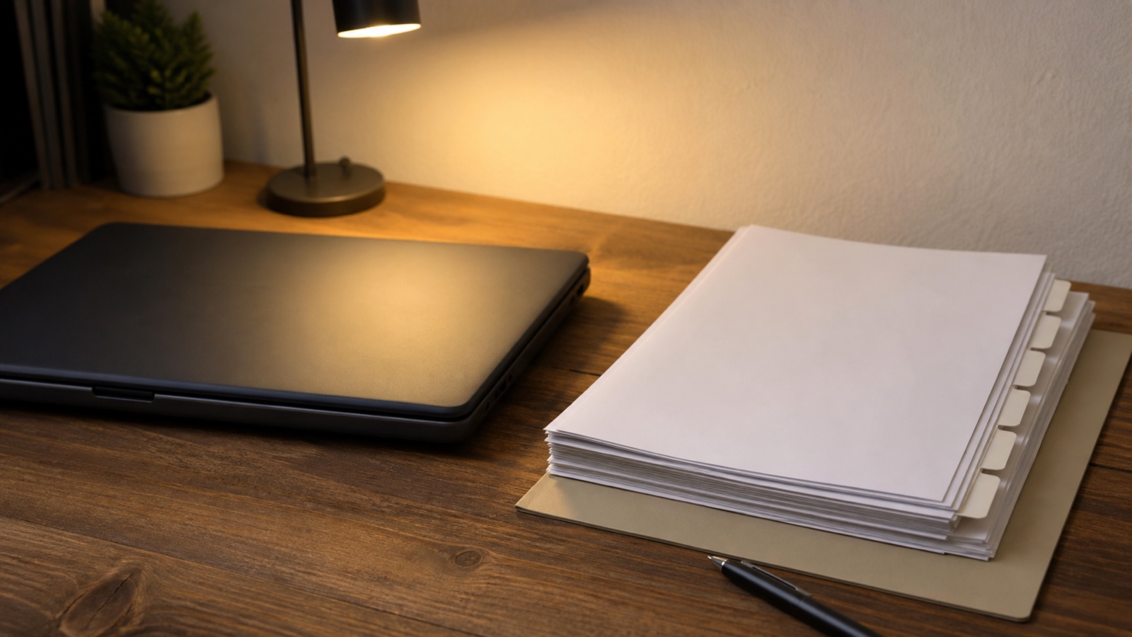 Blank filings beside a closed dark laptop under a desk lamp
