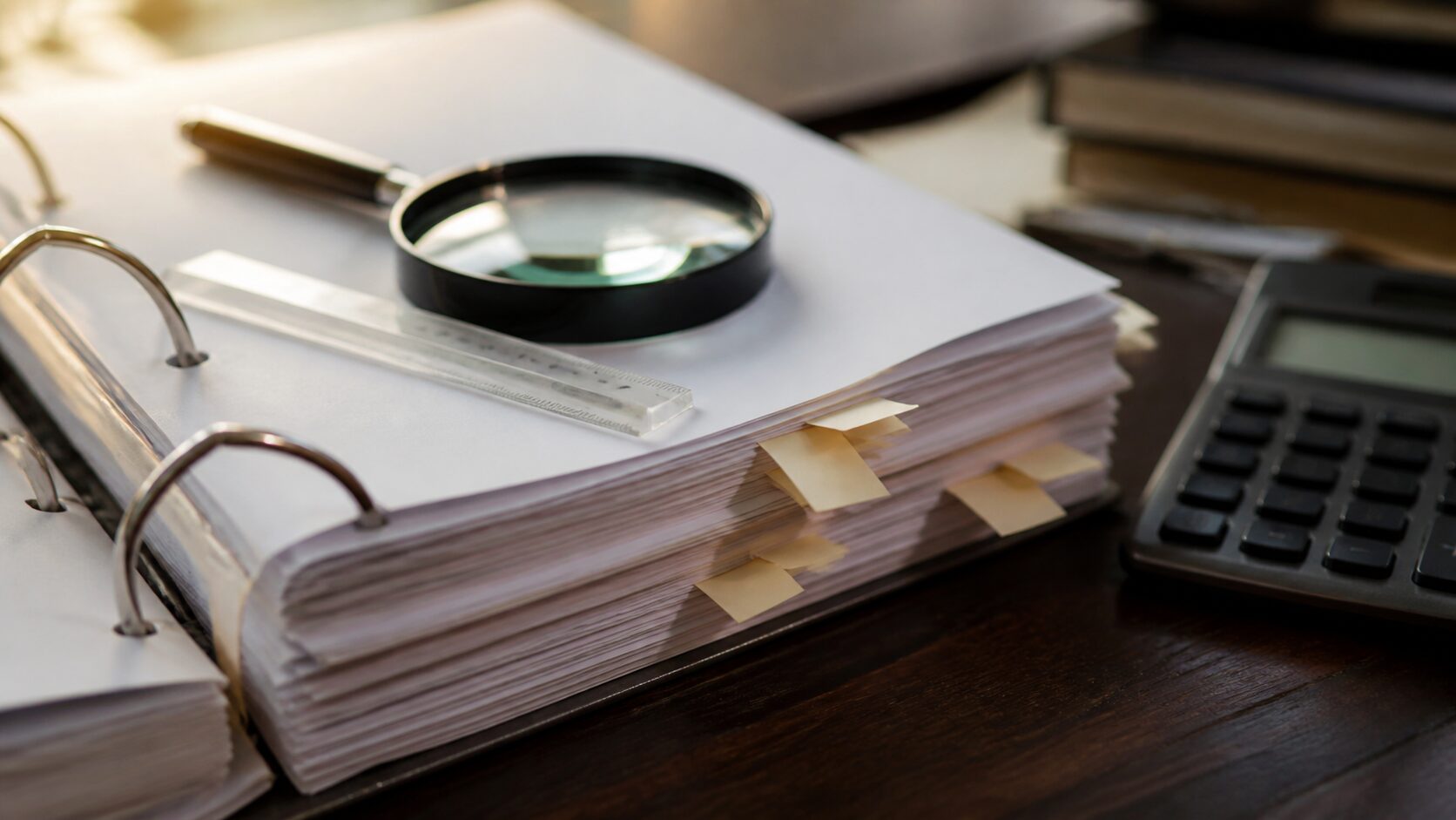 A close filing-review scene with blank binder pages, sticky tabs, a magnifying glass, a ruler and a calculator with no readable display
