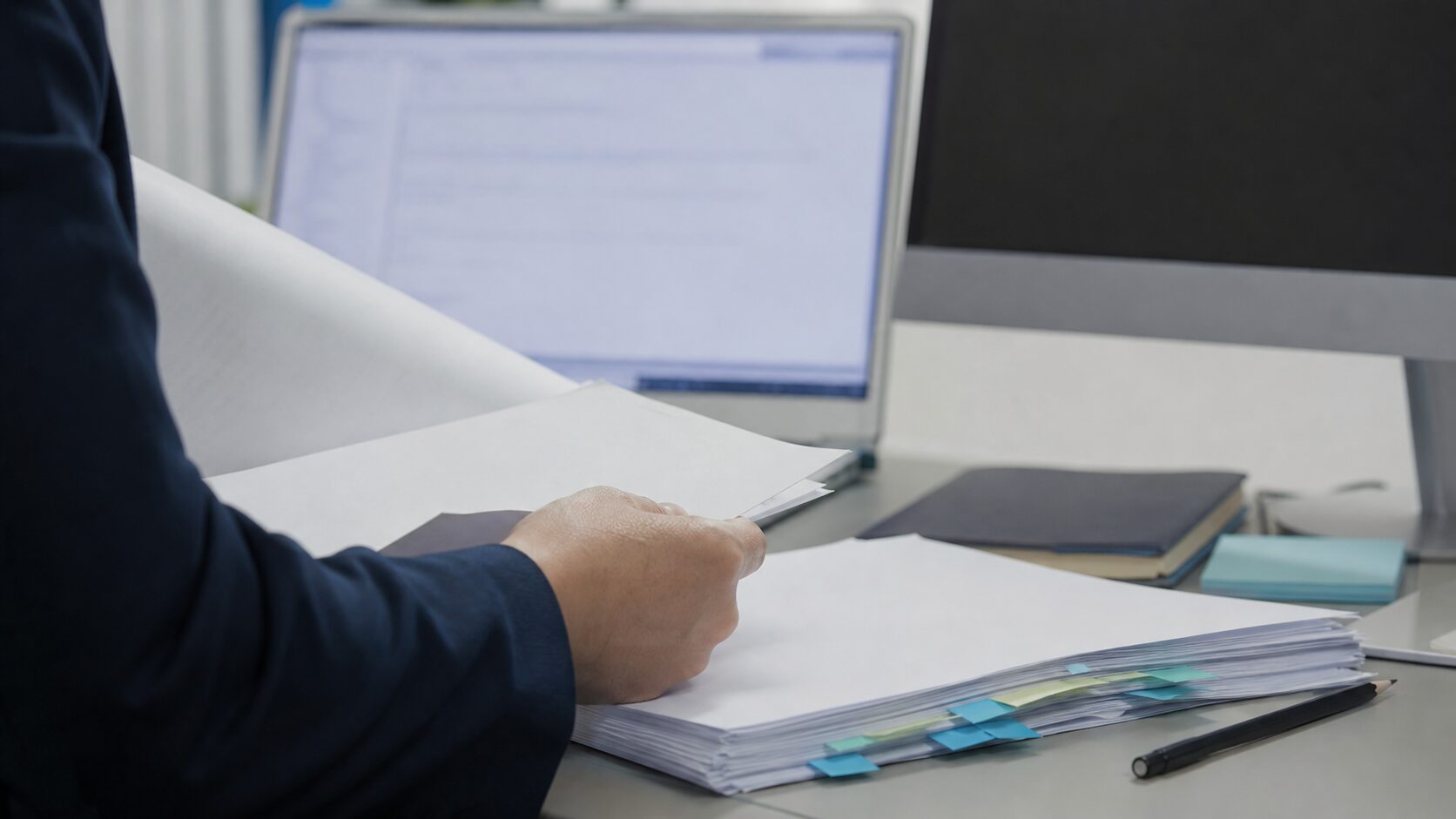 An analyst reviewing blank paper documents beside blurred computer screens in a quiet office
