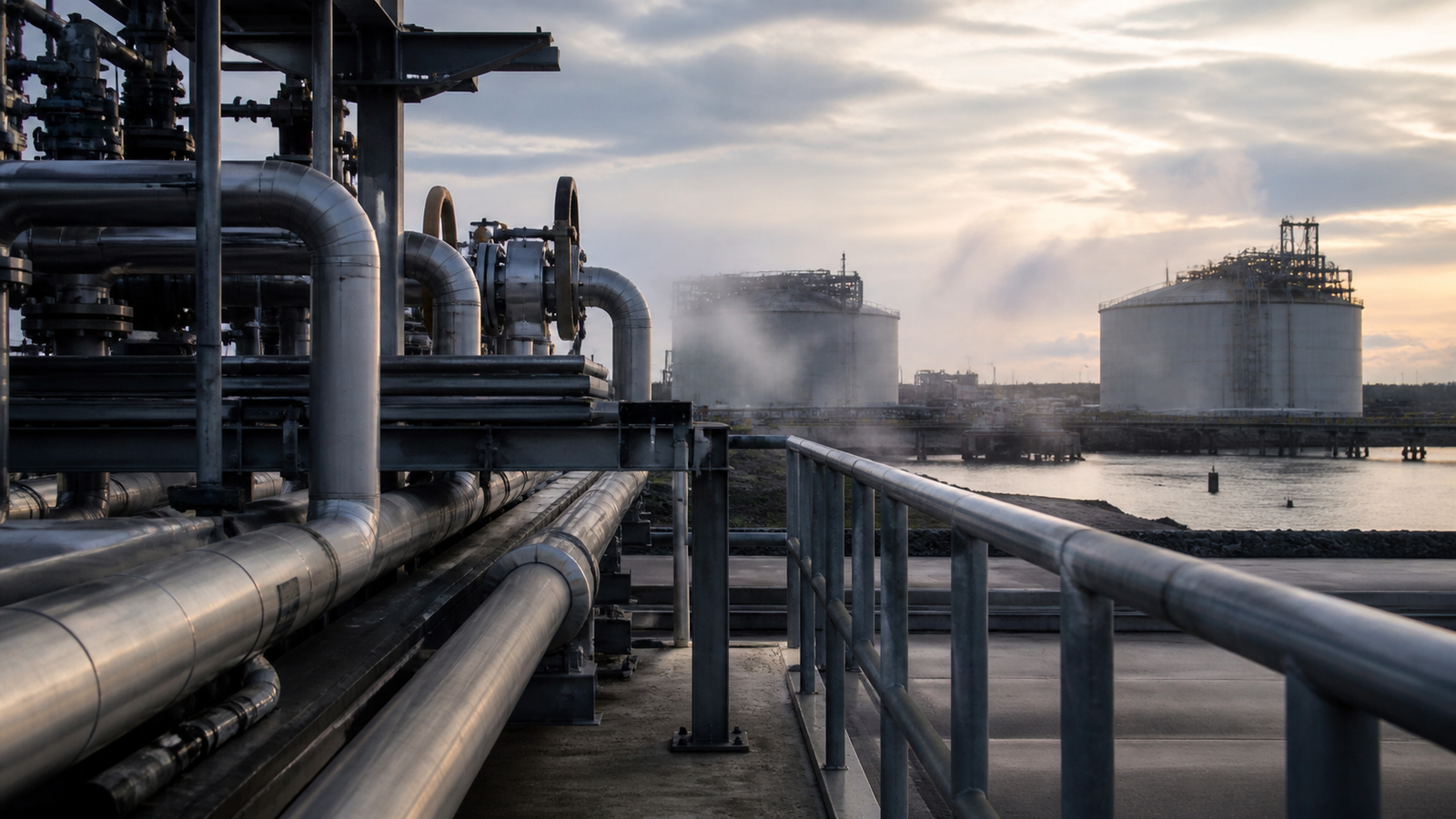 LNG-style industrial tanks and pipework at an energy facility without visible branding.