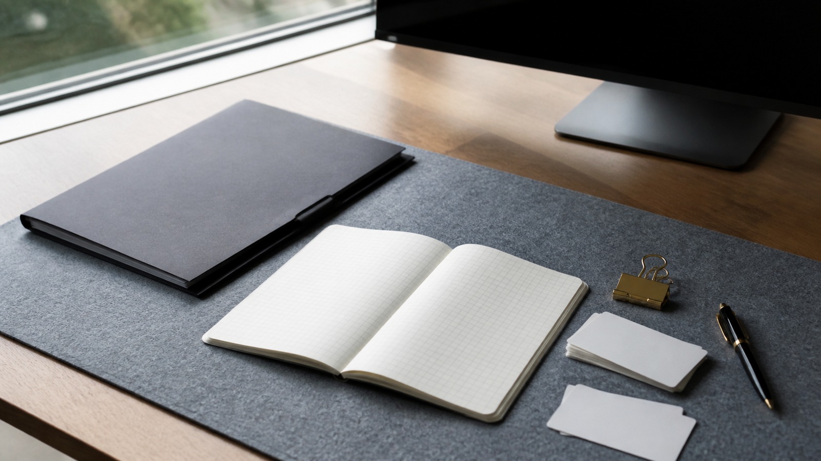 Blank grid notebook, index cards and folders on a market research desk.