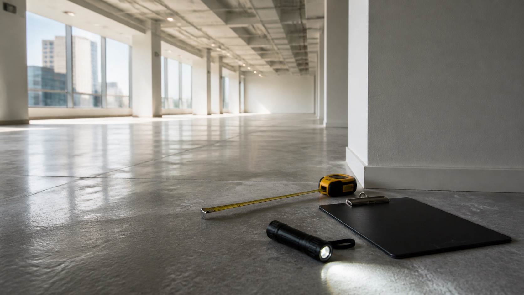 Empty office floor with measuring tools for property inspection