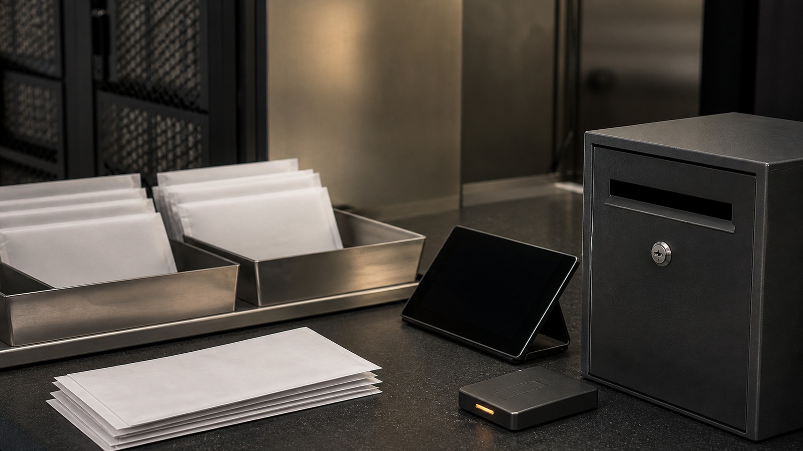 Plain proxy-voting materials beside an unmarked secure drop box and inactive tablet.